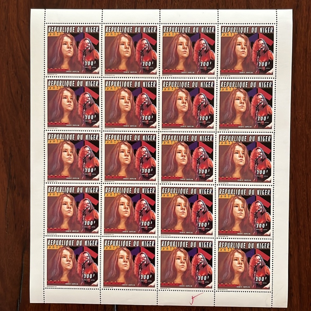 Collectible 1996 Jerry Garcia and Janis Joplin stamps from Niger